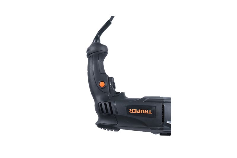 Taladro percutor eléctrico industrial Truper de 1/2 pulgada, 1200 W y 110 V, primer plano del mango y cuerpo negro
