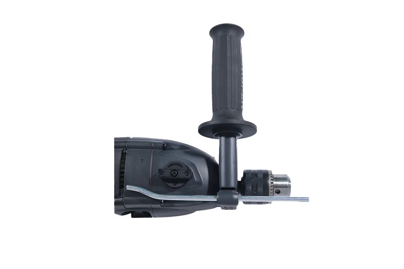 Taladro percutor eléctrico industrial Truper de 1/2 pulgada, 1200 W y 110 V, vista lateral con mango y llave de mandril