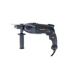 Taladro percutor eléctrico industrial Truper de 1/2 pulgada, 1200 W y 110 V, vista lateral con mango auxiliar y llave