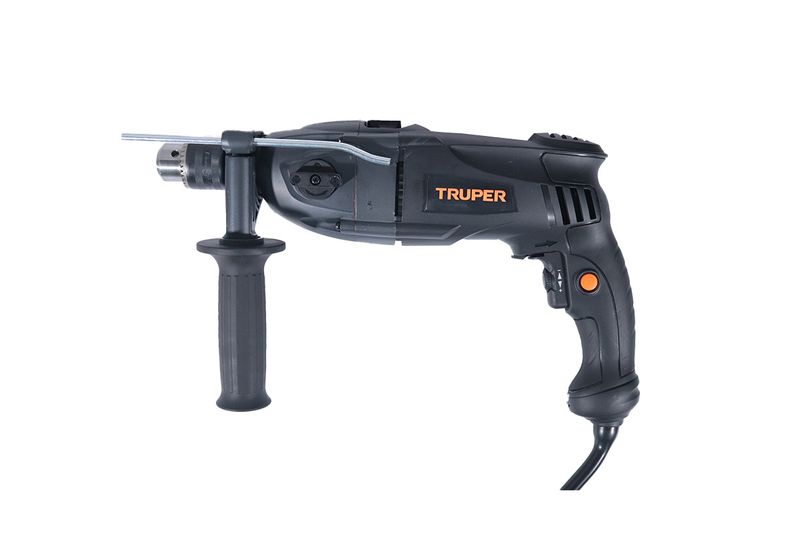 Taladro percutor eléctrico industrial Truper de 1/2 pulgada, 1200 W y 110 V, vista lateral con mango auxiliar y llave