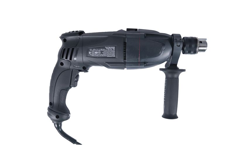 Taladro percutor eléctrico industrial Truper de 1/2 pulgada, 1200 W y 110 V, vista lateral completa del equipo negro
