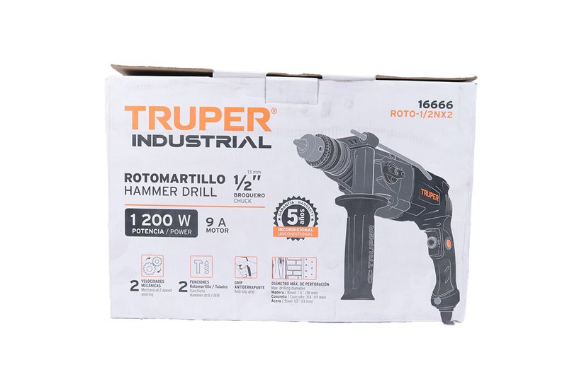 Taladro percutor eléctrico industrial Truper de 1/2 pulgada, 1200 W y 110 V, caja de cartón con ilustración del equipo