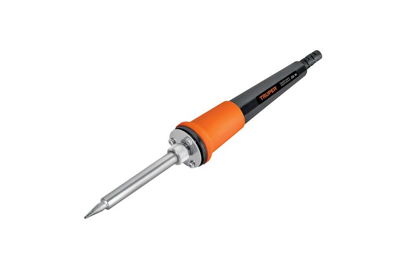 Cautín profesional para soldar Truper de 25 W y 110 V, vista lateral con mango naranja y negro sobre fondo blanco