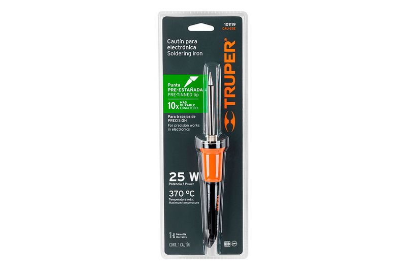 Cautín profesional para soldar Truper de 25 W y 110 V, en su empaque blíster con detalles técnicos y marca