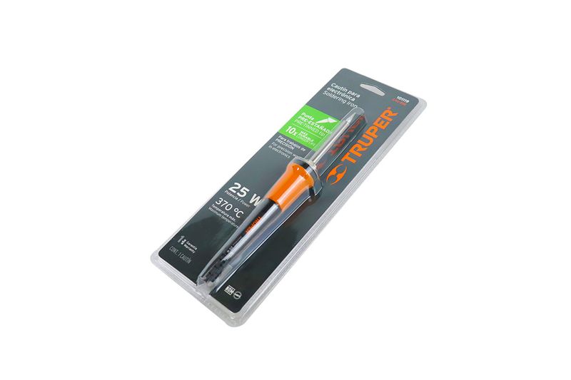 Cautín profesional para soldar Truper de 25 W y 110 V, presentado en su empaque blister transparente
