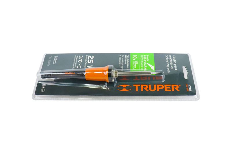 Cautín profesional para soldar Truper de 25 W y 110 V, en su empaque blister transparente con base negra y naranja