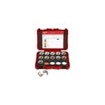 Juego de dados prensa terminal Milwaukee de 8 AWG a 350 MCM de aluminio, en estuche rojo abierto con tabla de medidas
