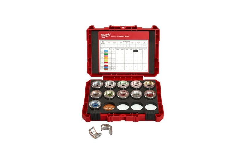 Juego de dados prensa terminal Milwaukee de 8 AWG a 350 MCM de aluminio, en estuche rojo abierto con tabla de medidas