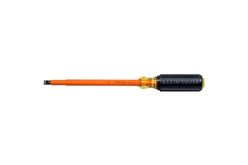 Destornillador insulado Klein Tools de 3/8 pulgadas x 8 pulgadas, 1000 V y ranura, vista lateral con mango negro y naranja