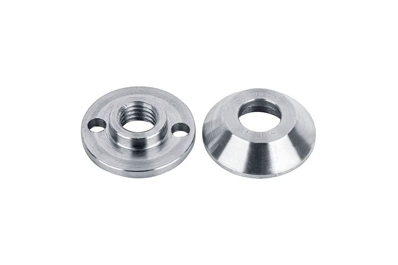 Adaptador para disco abrasivo cóncavo Truper de 4" a 4-1/2", tipo 42 y eje 5/8-11, dos piezas metálicas plateadas