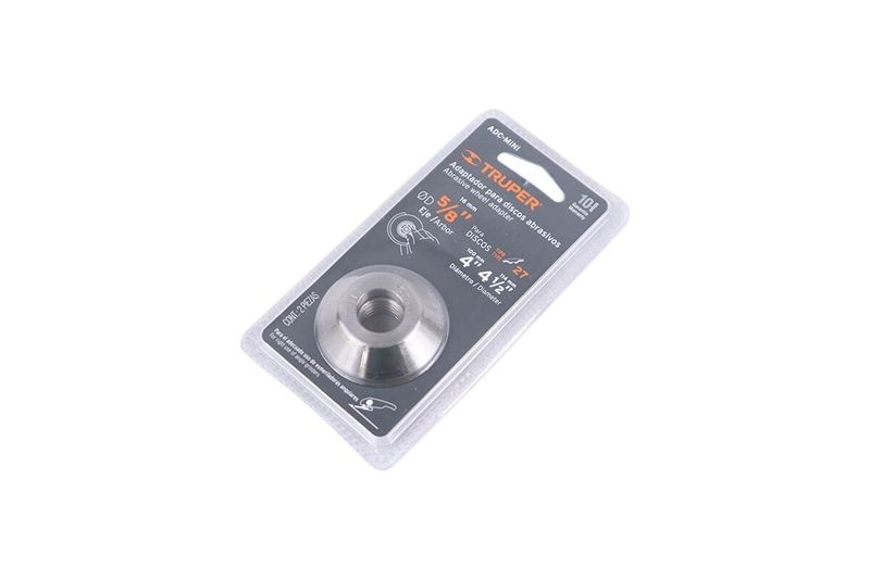 Adaptador para disco abrasivo cóncavo Truper de 4" a 4-1/2", tipo 42, eje 5/8-11, en su empaque plástico con etiqueta