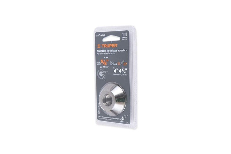 Adaptador para disco abrasivo cóncavo Truper de 4" a 4-1/2", tipo 42, eje 5/8-11, en su empaque plástico con tarjeta