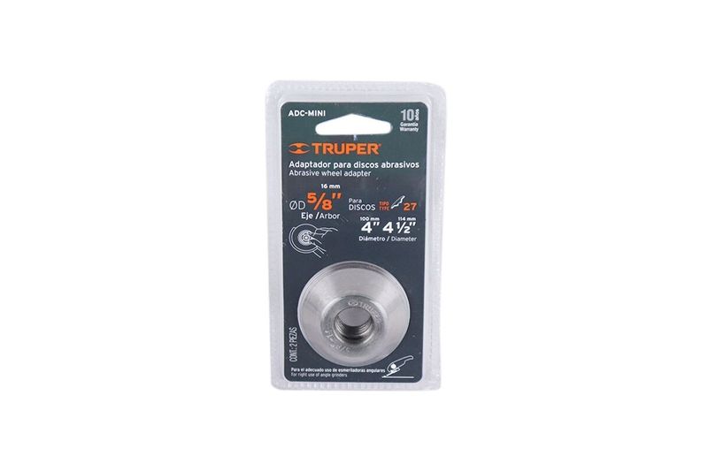 Adaptador para disco abrasivo cóncavo Truper de 4 pulgadas a 4-1/2 pulgadas tipo 42 eje 5/8-11, en su empaque blister