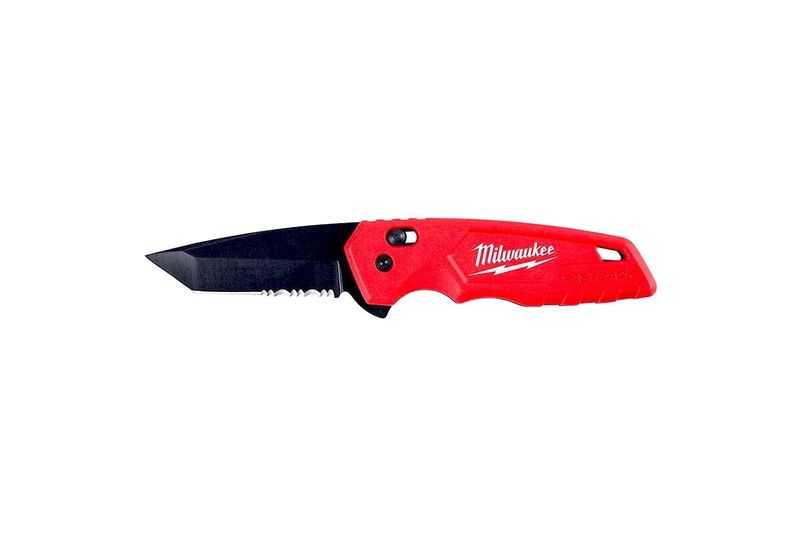 Cuchilla Fastback plegable Milwaukee de 7 pulgadas, vista lateral con mango rojo y hoja negra desplegada