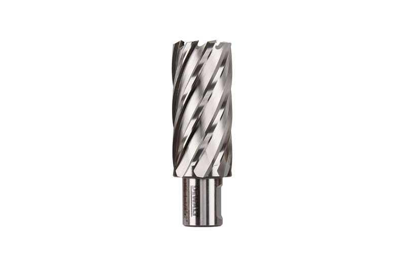 Broca anular DeWALT de 1-1/8 pulgadas x 2 Parametal, vista frontal del cuerpo metálico con ranuras helicoidales