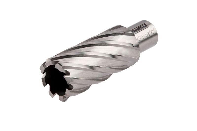 Broca anular DeWALT de 1-1/8 pulgadas x 2 Parametal, vista lateral detallada del cuerpo metálico y el filo de corte