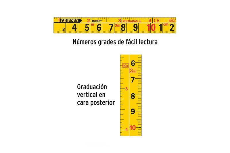 Cinta métrica Truper de 8 metros x 1 pulgada, gráfico detallando la numeración legible y la graduación vertical posterior