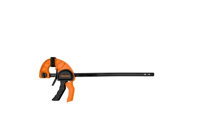 Prensa barra Truper de 30 pulgadas, vista lateral completa con cuerpo naranja y barra metálica negra