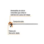 Prensa barra Truper de 30 pulgadas, gráfico con etiquetas que señalan las almohadillas, el cuerpo de nylon y la palanca