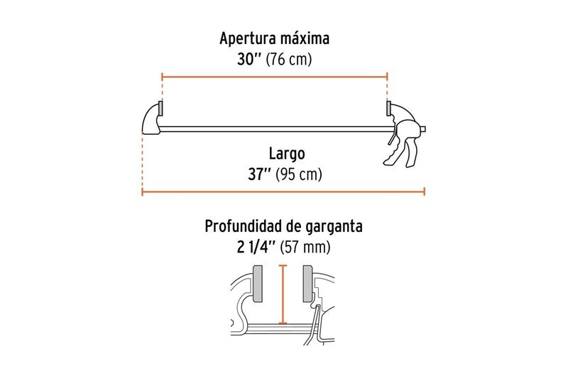 Prensa barra Truper de 30 pulgadas, gráfico técnico con medidas de apertura máxima, largo y profundidad de garganta