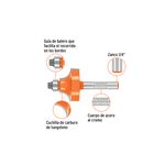 Broca fresadora para router Truper de 1-1/8 pulgadas para redondeado, esquema técnico con detalles de sus componentes