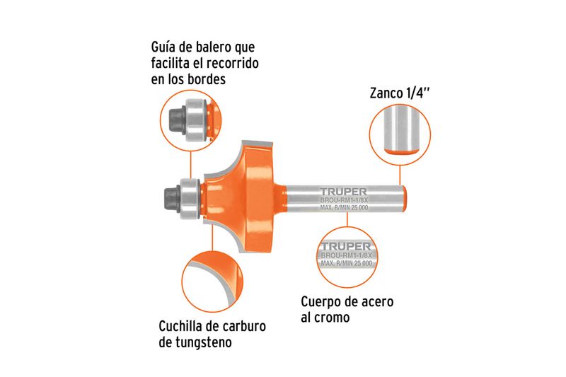 Broca fresadora para router Truper de 1-1/8 pulgadas para redondeado, esquema técnico con detalles de sus componentes