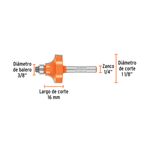 Broca fresadora para router Truper de 1-1/8 pulgadas para redondeado, gráfico con medidas técnicas del diámetro y largo