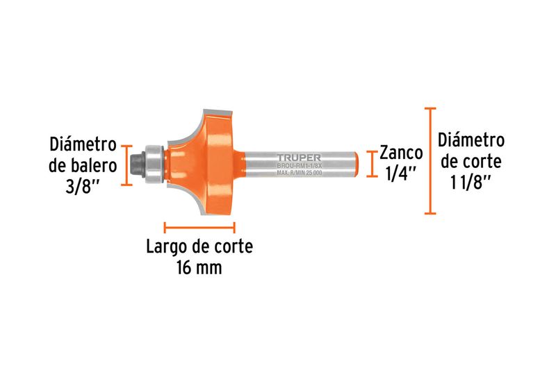 Broca fresadora para router Truper de 1-1/8 pulgadas para redondeado, gráfico con medidas técnicas del diámetro y largo