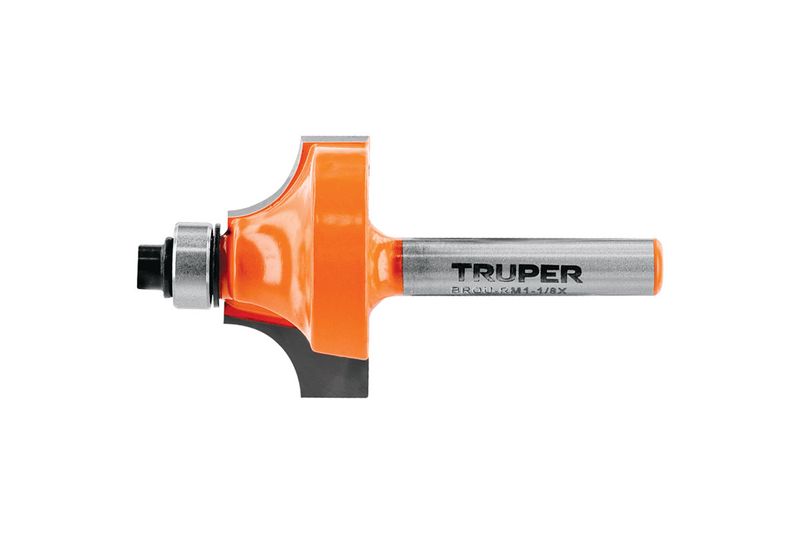 Broca fresadora para router Truper de 1-1/8 pulgadas para redondeado, vista lateral con cuerpo naranja y vástago plateado