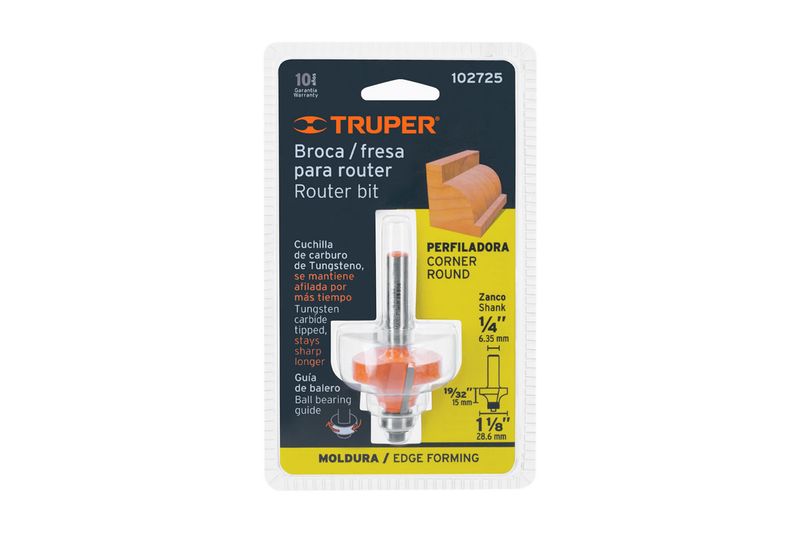 Broca fresadora para router Truper de 1-1/8 pulgadas para redondeado, en empaque blister con ilustraciones técnicas