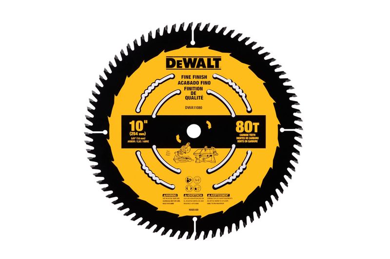 Disco para madera 10 pulgadas 80 DT DeWALT, vista frontal del disco amarillo con dientes de carburo