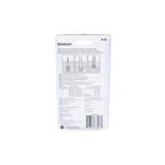 Juego extractor de tornillos Stanley de 5 piezas, reverso del empaque con tabla de medidas y especificaciones técnicas