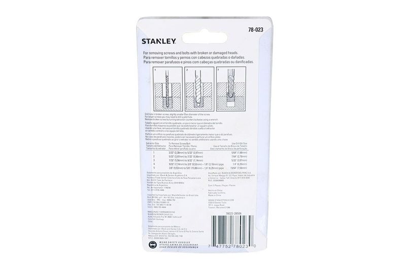 Juego extractor de tornillos Stanley de 5 piezas, reverso del empaque con tabla de medidas y especificaciones técnicas