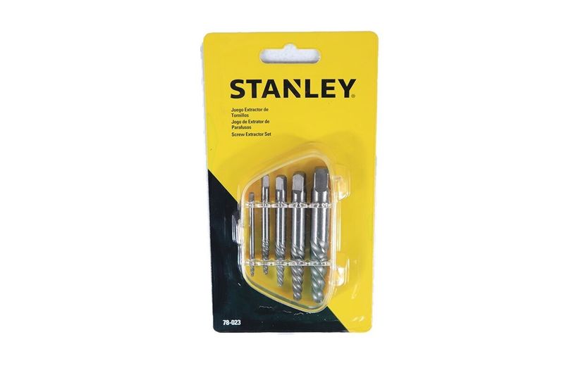 Juego extractor de tornillos Stanley de 5 piezas, set completo dentro de su empaque plástico con tarjeta amarilla