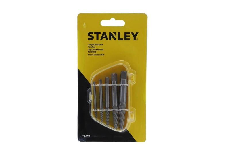 Juego extractor de tornillos Stanley de 5 piezas, en empaque blister amarillo con las piezas metálicas visibles