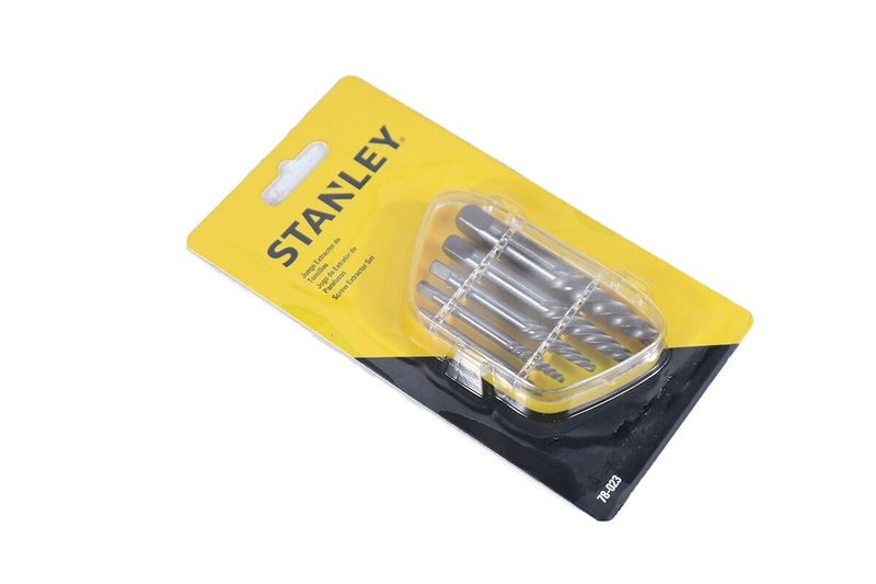 Juego extractor de tornillos Stanley de 5 piezas, en su empaque blister amarillo y negro