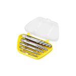 Juego extractor de tornillos Stanley de 5 piezas, guardado en su estuche plástico amarillo con tapa transparente abierta