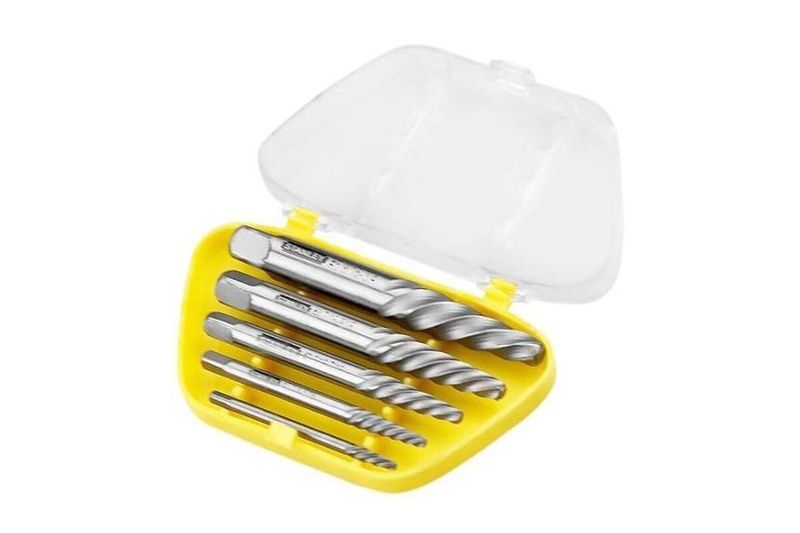 Juego extractor de tornillos Stanley de 5 piezas, guardado en su estuche plástico amarillo con tapa transparente abierta