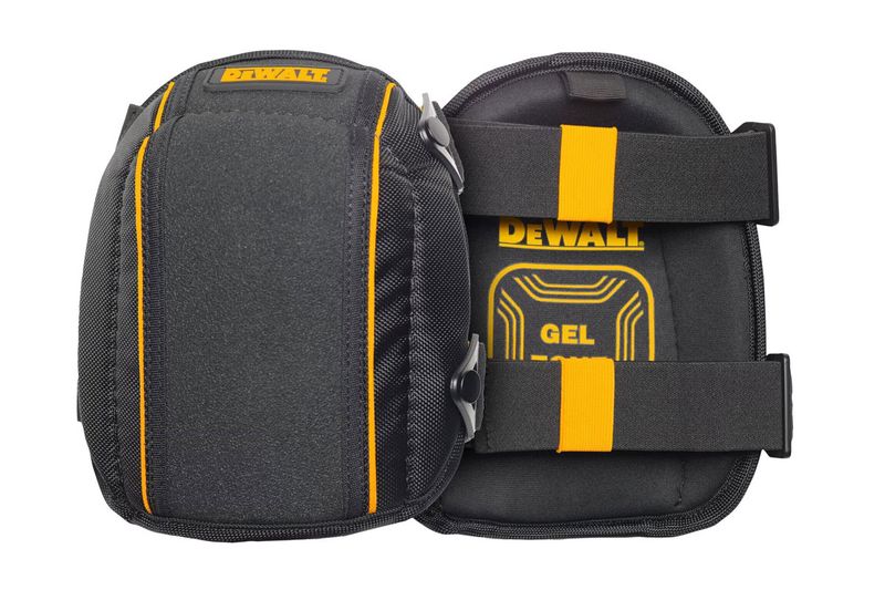Rodilleras profesionales acolchadas DeWALT, par de rodilleras negras con detalles amarillos y etiqueta de gel