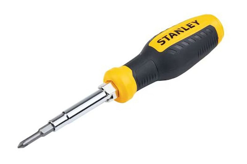 Desarmador intercambiable 6 en 1 Stanley, vista lateral del mango amarillo y negro con punta insertada