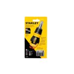 Desarmador intercambiable corto 6 piezas Stanley, en empaque amarillo con mango y puntas distribuidas