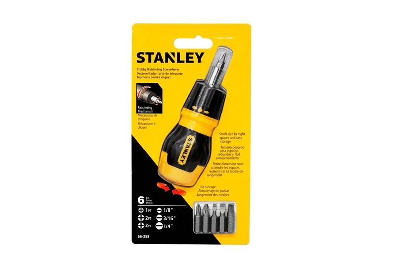 Desarmador intercambiable corto 6 piezas Stanley, en empaque amarillo con mango y puntas distribuidas