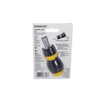 Desarmador intercambiable corto 6 piezas Stanley, en su empaque plástico con el mango amarillo y negro visible