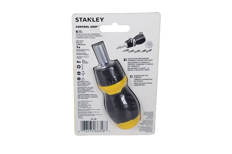 Desarmador intercambiable corto 6 piezas Stanley, en su empaque plástico con el mango amarillo y negro visible
