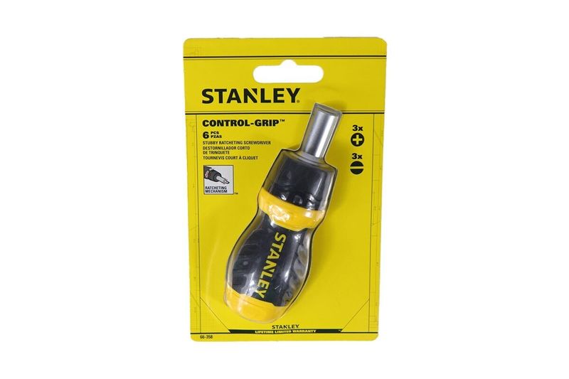 Desarmador intercambiable corto 6 piezas Stanley, empaque amarillo con el mango y las puntas visibles
