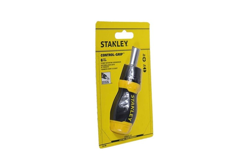 Desarmador intercambiable corto 6 piezas Stanley, en empaque amarillo con mango negro y amarillo