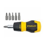 Desarmador intercambiable corto 6 piezas Stanley, mango amarillo y negro con cinco puntas metálicas separadas