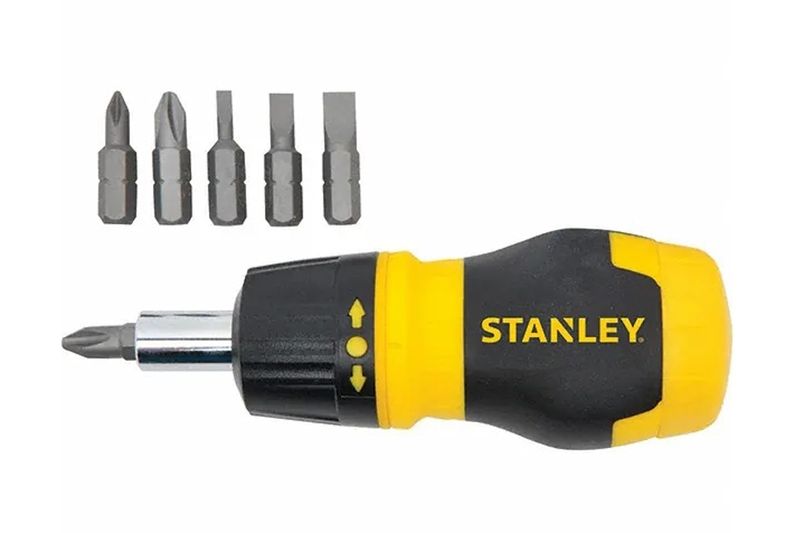 Desarmador intercambiable corto 6 piezas Stanley, mango amarillo y negro con cinco puntas metálicas separadas