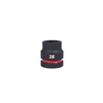 Llave copa de impacto mando 1 pulgada 28 mm Heavy Duty Milwaukee, vista frontal del dado negro con número 28 y anillo rojo