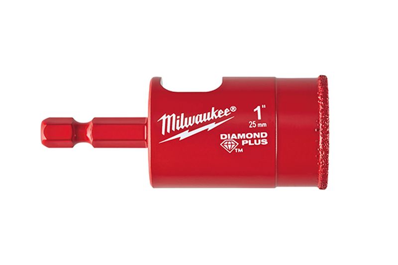 Brocas diamantada para cerámica 1 pulgada Milwaukee, vista lateral del accesorio rojo con punta diamantada